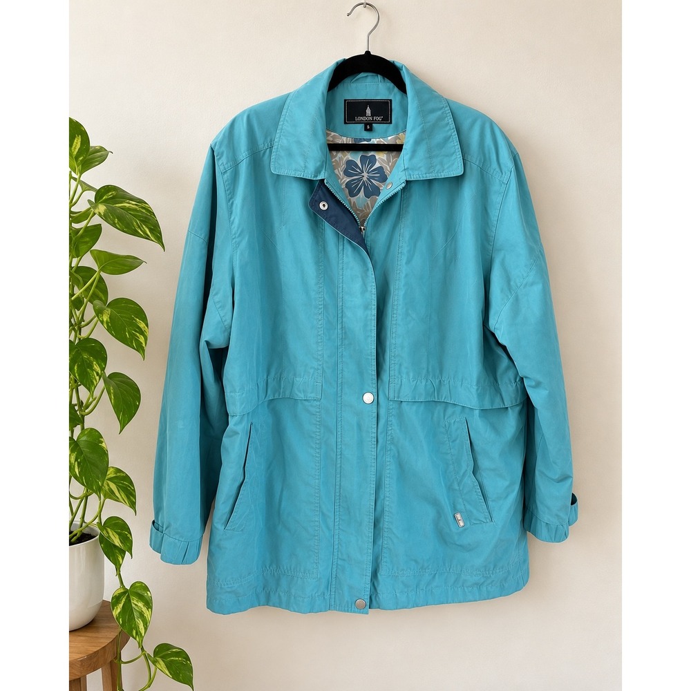 Vintage London Fog Aqua Blue Anorak Utility Jacket XL Floral Lined Weatherproof